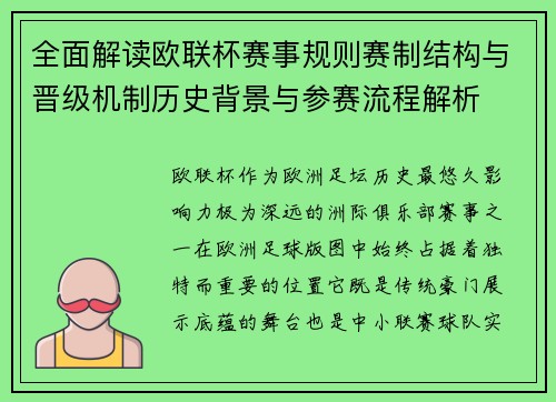 全面解读欧联杯赛事规则赛制结构与晋级机制历史背景与参赛流程解析